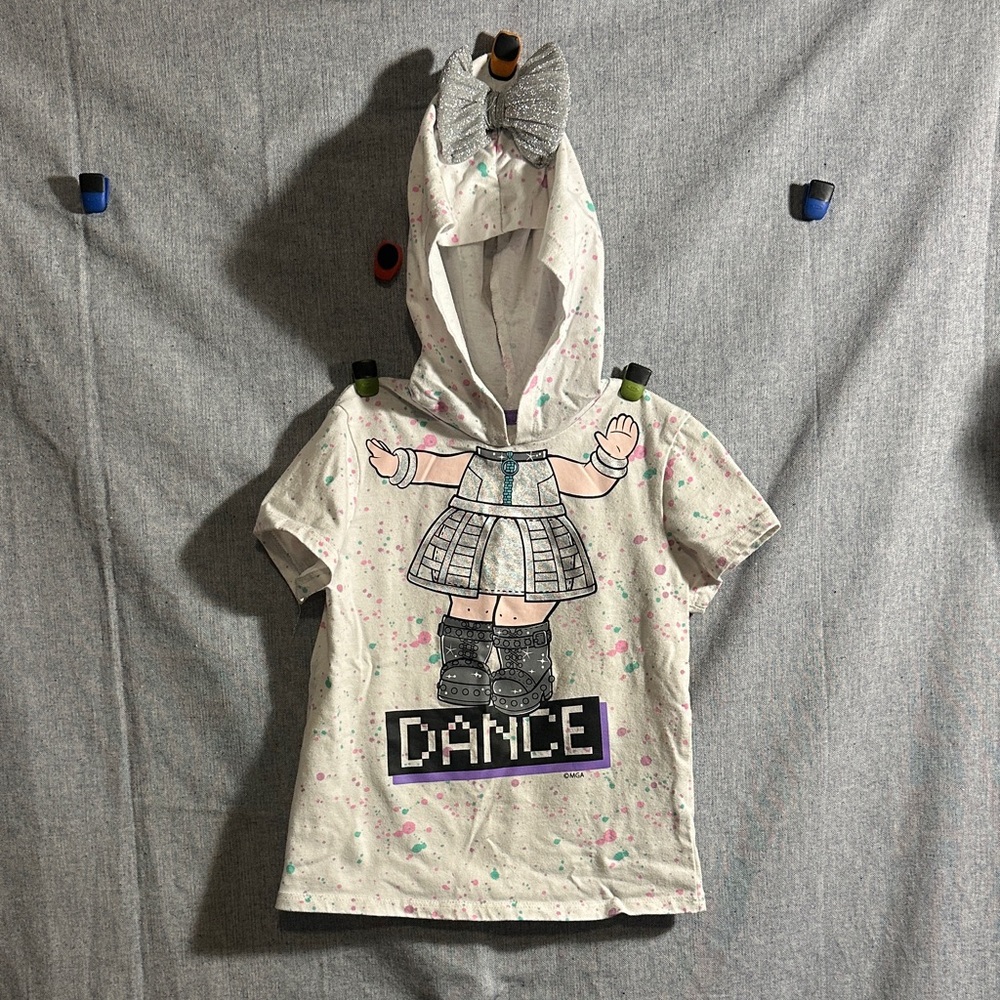 L.O.L. Surprise! White Hooded Dance Tee with Silver Bow and Pink/Teal Splatter